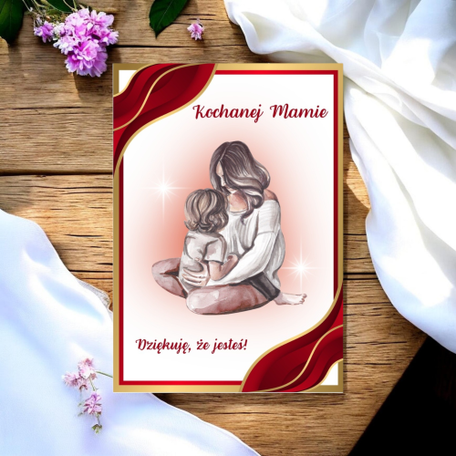 Elegancka kartka na Dzień Mamy A5 z grafiką mamy i dziecka w czerwono-złotej oprawie