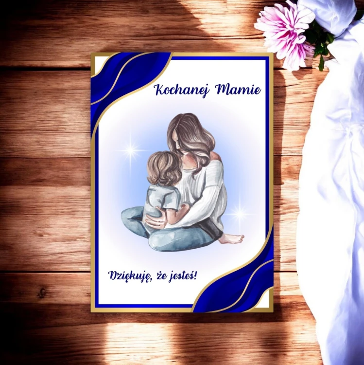 Elegancka niebiesko-złota kartka na Dzień Mamy A5 z grafiką mamy i dziecka