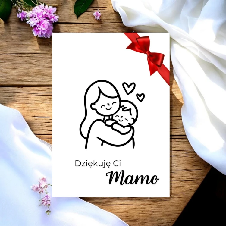 Minimalistyczna kartka na Dzień Mamy A5 z grafiką mamy i dziecka oraz czerwoną kokardką